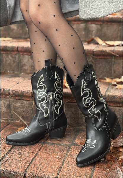 LQZ Shoes Emaly Siyah Cilt Beyaz İşlemeli Topuklu Çizme