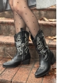 LQZ Shoes Emaly Siyah Cilt Beyaz İşlemeli Topuklu Çizme