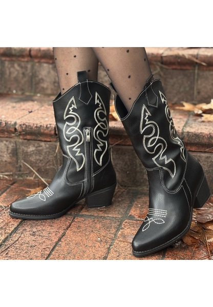 LQZ Shoes Emaly Siyah Cilt Beyaz İşlemeli Topuklu Çizme