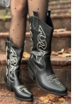 LQZ Shoes Emaly Siyah Cilt Beyaz İşlemeli Topuklu Çizme