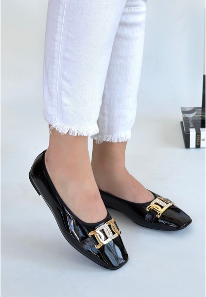 LQZ Shoes Embor Siyah Rugan Babet Ayakkabı