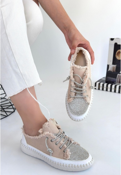 LQZ Shoes Enber Bej Kot Bağcıklı Spor Ayakkabı