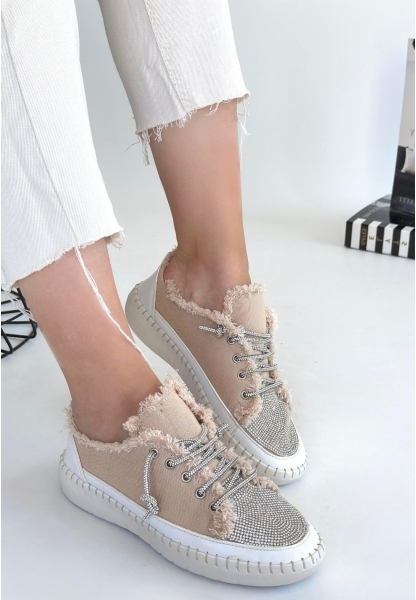LQZ Shoes Enber Bej Kot Bağcıklı Spor Ayakkabı
