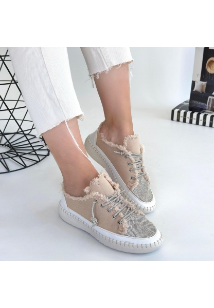 LQZ Shoes Enber Bej Kot Bağcıklı Spor Ayakkabı