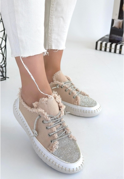 LQZ Shoes Enber Bej Kot Bağcıklı Spor Ayakkabı