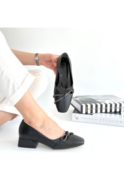 LQZ Shoes Estay Siyah Cilt Topuklu Ayakkabı