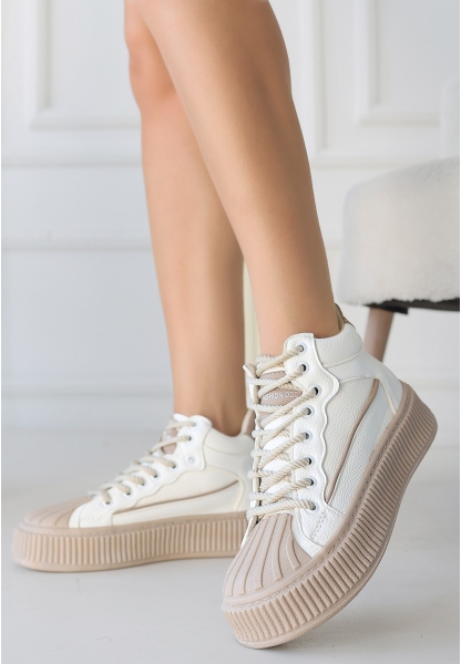 LQZ Shoes Estim Beyaz Cilt Vizon Detaylı Bağcıklı Spor Ayakkabı