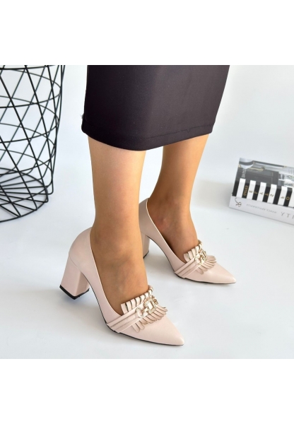 LQZ Shoes Farye Bej Cilt Topuklu Ayakkabı