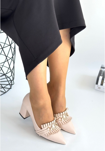 LQZ Shoes Farye Bej Cilt Topuklu Ayakkabı