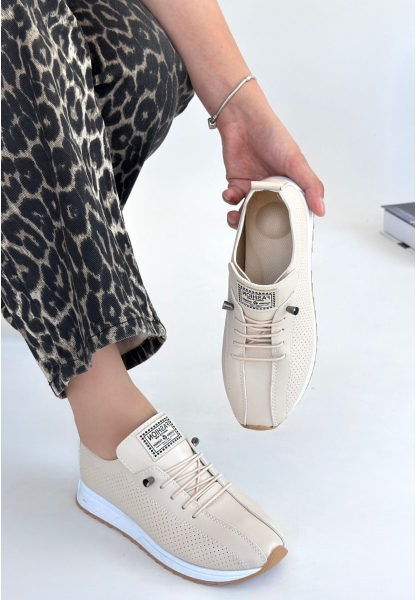 LQZ Shoes Fiert Bej Cilt Bağcıklı Spor Ayakkabı