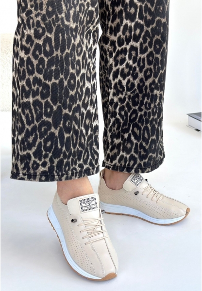 LQZ Shoes Fiert Bej Cilt Bağcıklı Spor Ayakkabı