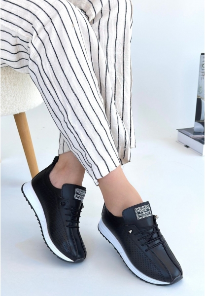 LQZ Shoes Fiert Siyah Cilt Bağcıklı Spor Ayakkabı