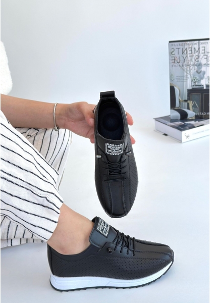 LQZ Shoes Fiert Siyah Cilt Bağcıklı Spor Ayakkabı