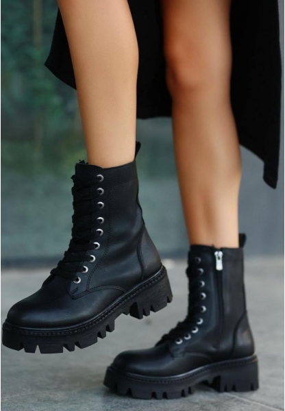 LQZ Shoes Flona Siyah Cilt Bağcıklı Bot