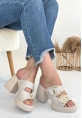 LQZ Shoes Frend Bej Cilt Doldu Topuklu Terlik