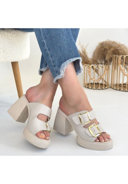 LQZ Shoes Frend Bej Cilt Doldu Topuklu Terlik
