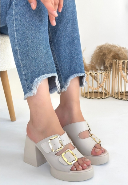 LQZ Shoes Frend Bej Cilt Doldu Topuklu Terlik