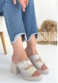 LQZ Shoes Frend Bej Cilt Doldu Topuklu Terlik