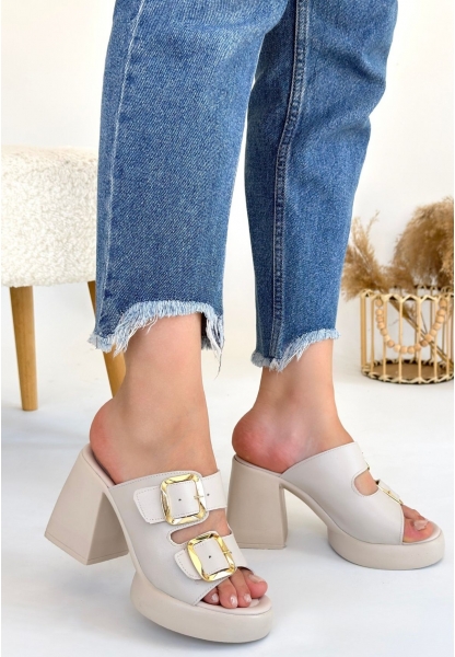 LQZ Shoes Frend Bej Cilt Doldu Topuklu Terlik
