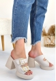 LQZ Shoes Frend Bej Cilt Doldu Topuklu Terlik