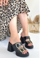LQZ Shoes Frend Siyah Cilt Doldu Topuklu Terlik