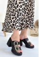 LQZ Shoes Frend Siyah Cilt Doldu Topuklu Terlik