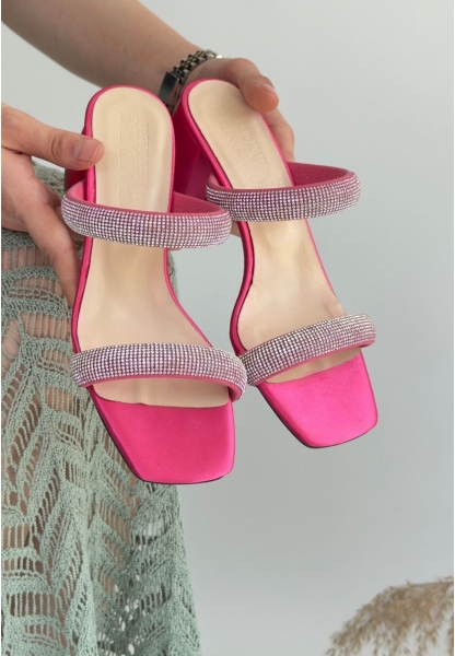 LQZ Shoes Froya Pembe Saten Topuklu Terlik