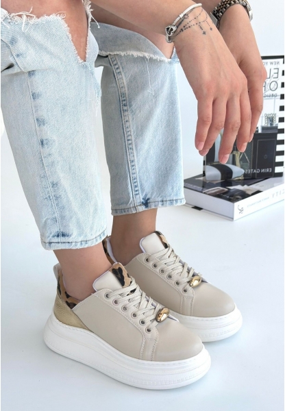 LQZ Shoes Gasta Bej Cilt Sarı Detaylı Bağcıklı Spor Ayakkabı