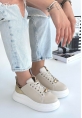 LQZ Shoes Gasta Bej Cilt Sarı Detaylı Bağcıklı Spor Ayakkabı
