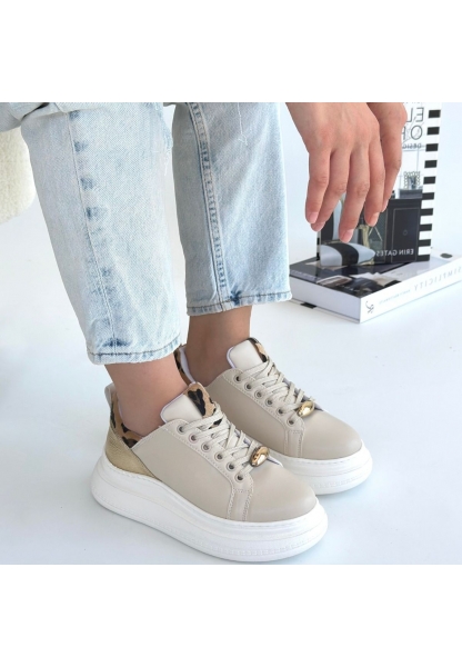 LQZ Shoes Gasta Bej Cilt Sarı Detaylı Bağcıklı Spor Ayakkabı