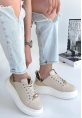 LQZ Shoes Gasta Bej Cilt Sarı Detaylı Bağcıklı Spor Ayakkabı