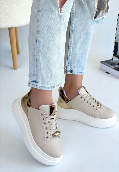 LQZ Shoes Gasta Bej Cilt Sarı Detaylı Bağcıklı Spor Ayakkabı