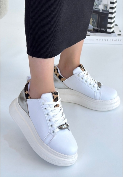 LQZ Shoes Gasta Beyaz Cilt Gümüş Detaylı Bağcıklı Spor Ayakkabı