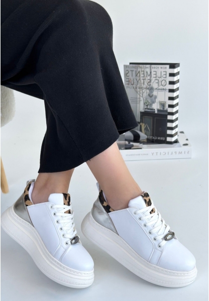LQZ Shoes Gasta Beyaz Cilt Gümüş Detaylı Bağcıklı Spor Ayakkabı