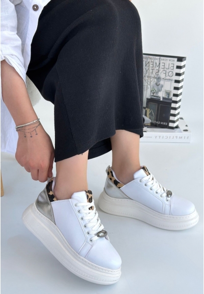 LQZ Shoes Gasta Beyaz Cilt Gümüş Detaylı Bağcıklı Spor Ayakkabı