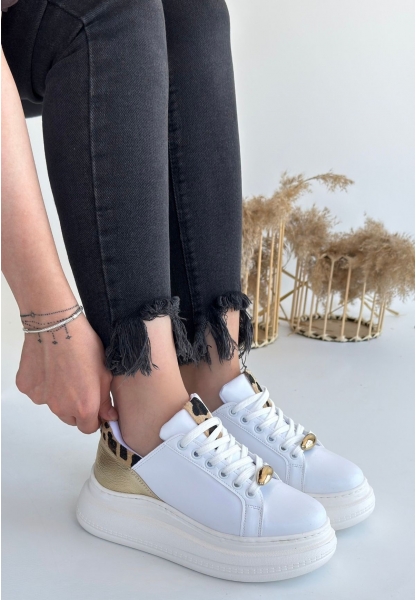 LQZ Shoes Gasta Beyaz Cilt Sarı Detaylı Bağcıklı Spor Ayakkabı