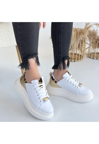 LQZ Shoes Gasta Beyaz Cilt Sarı Detaylı Bağcıklı Spor Ayakkabı