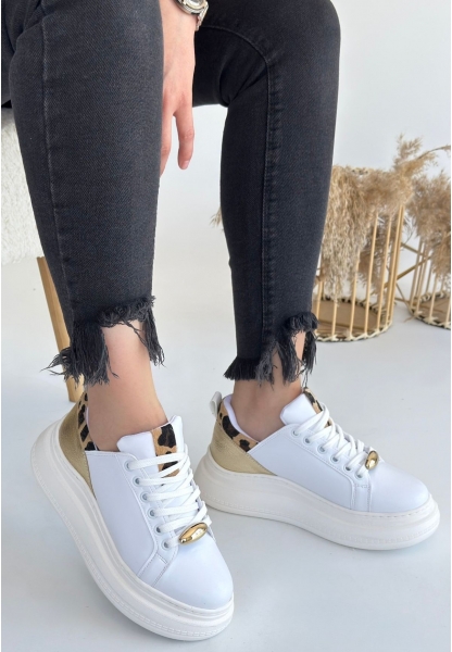 LQZ Shoes Gasta Beyaz Cilt Sarı Detaylı Bağcıklı Spor Ayakkabı