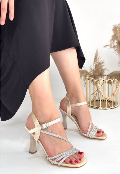 LQZ Shoes Gloria Bej Saten Topuklu Ayakkabı