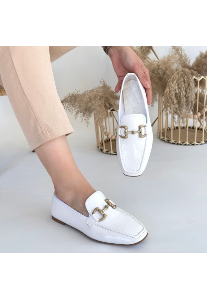 LQZ Shoes Guart Beyaz Rugan Babet Ayakkabı