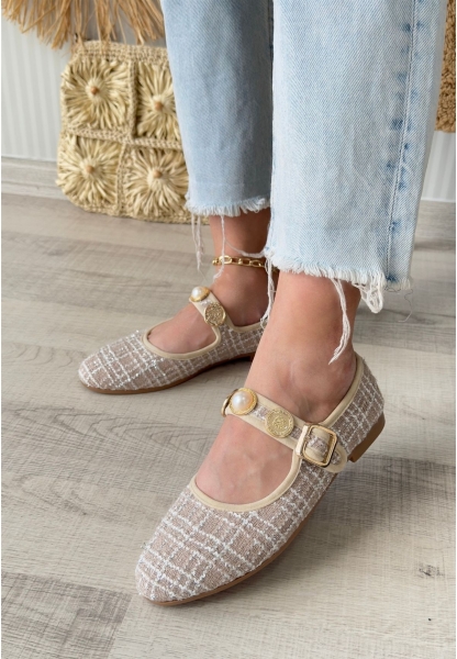 LQZ Shoes Hante Bej Keten Taşlı Babet Ayakkabı