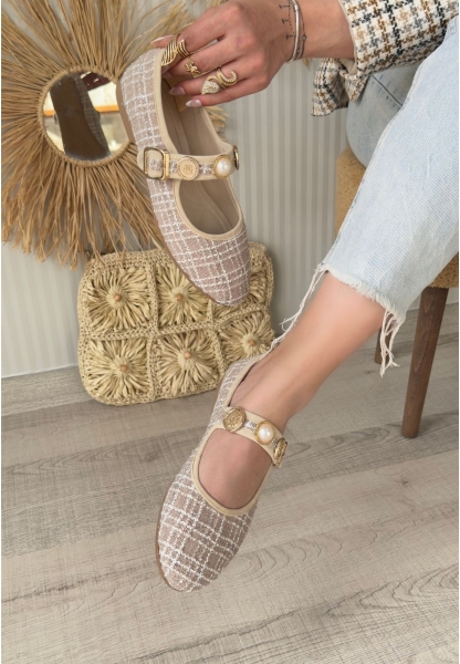 LQZ Shoes Hante Bej Keten Taşlı Babet Ayakkabı