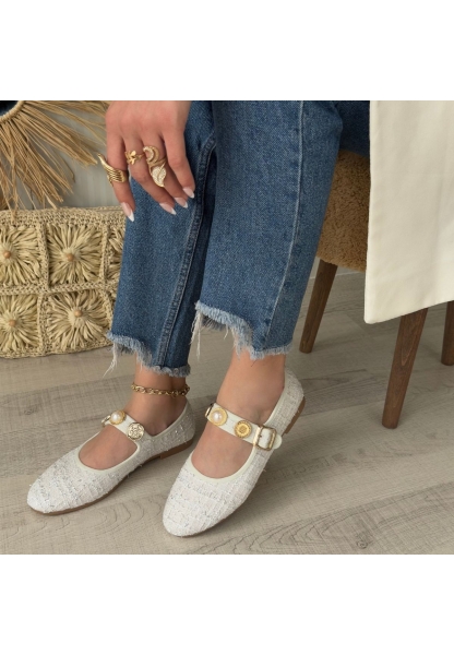LQZ Shoes Hante Beyaz Keten Taşlı Babet Ayakkabı