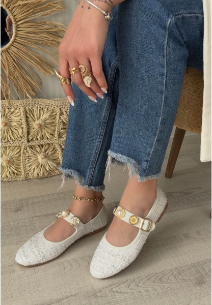 LQZ Shoes Hante Beyaz Keten Taşlı Babet Ayakkabı
