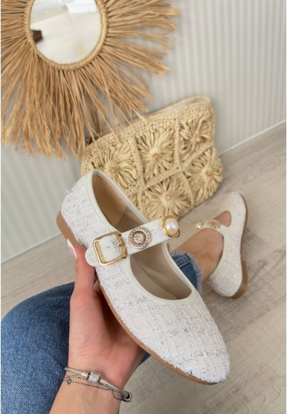 LQZ Shoes Hante Beyaz Keten Taşlı Babet Ayakkabı