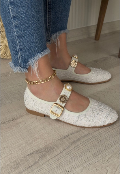 LQZ Shoes Hante Beyaz Keten Taşlı Babet Ayakkabı
