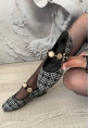 LQZ Shoes Hante Siyah Beyaz Keten Taşlı Babet Ayakkabı