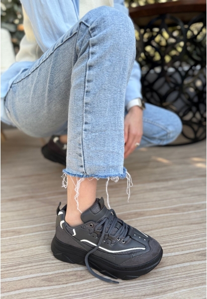 LQZ Shoes Imkea Gri Cilt Beyaz Detaylı Spor Ayakkabı