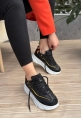 LQZ Shoes Imkea Siyah Cilt Hardal Detaylı Spor Ayakkabı