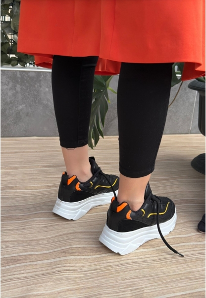 LQZ Shoes Imkea Siyah Cilt Hardal Detaylı Spor Ayakkabı